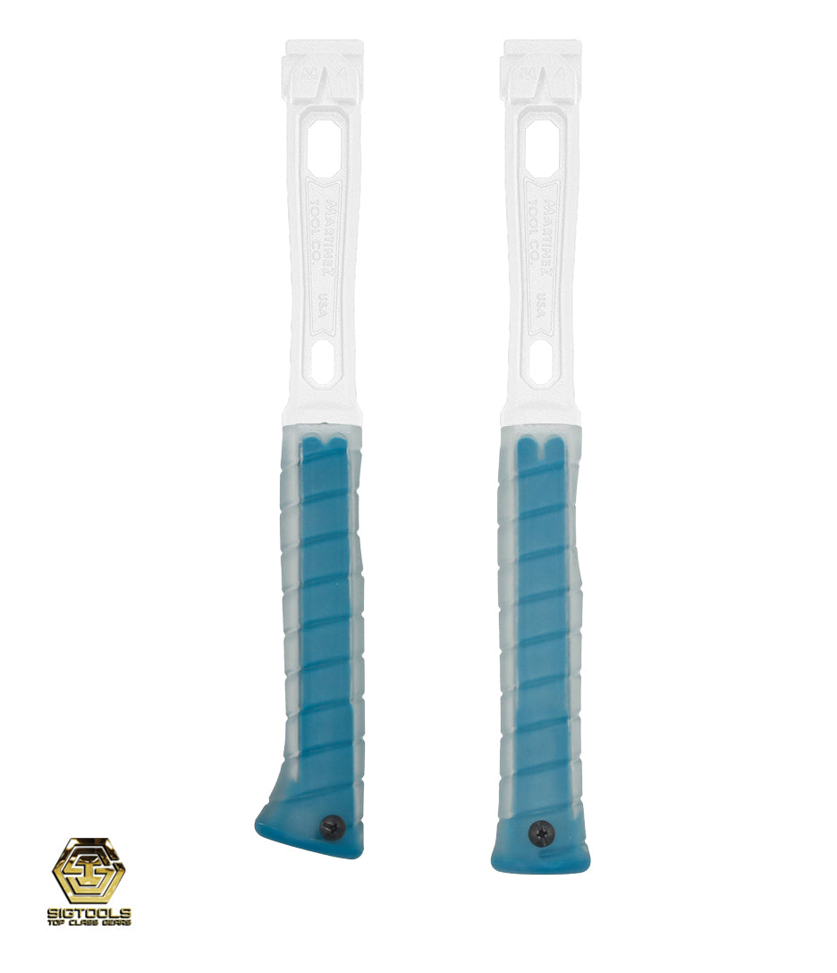 Close-up photo of Martinez M1/M4 Replacement Grip with Aqua Insert and Clear Overlay. Grips are installed on titanium handles, featuring straight and curved designs.