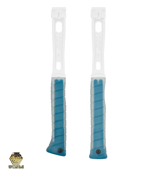 Close-up photo of Martinez M1/M4 Replacement Grip with Aqua Insert and Clear Overlay. Grips are installed on titanium handles, featuring straight and curved designs.