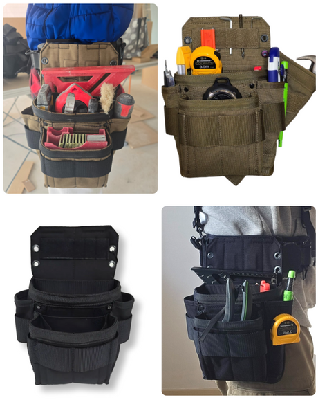 The Dukan Pouch shown holding both a 7-inch and 4-inch rafter square in its dedicated side pockets.