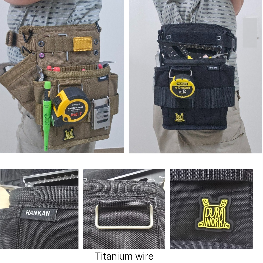 The DURAWORK HANKAN Pouch Dura 202, an ambidextrous, slim tool pouch shown in both Black and Brown (Coyote/Sand).