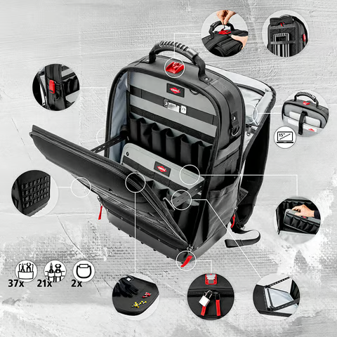 A close-up of the innovative FIDLOCK® magnetic connectors on the KNIPEX Modular X18 tool backpack for quick attachments.