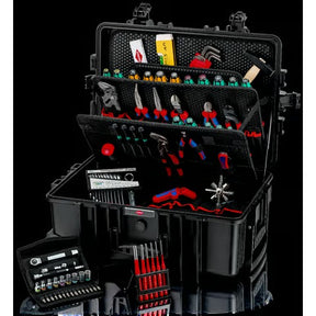 The lockable and subdividable base tray of the KNIPEX Robust45 Move, organized with the aluminium divider system.
