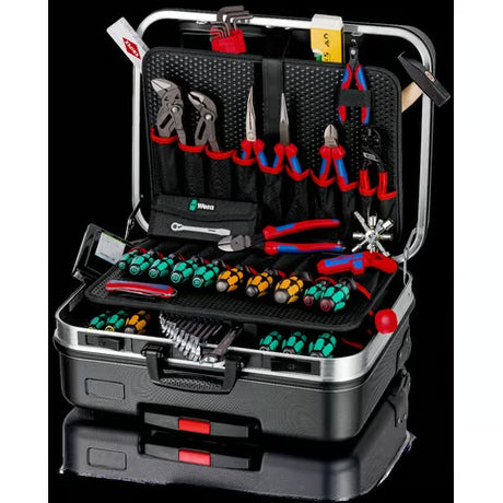 The KNIPEX 00 21 06 M tool case opened, showing its two removable tool boards and highly organized interior.