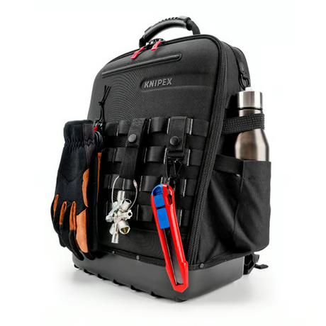 The external MOLLE webbing on the KNIPEX Modular X18, shown with carabiners and accessories attached.