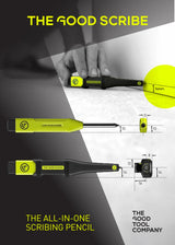 Close-up showing the 5 to 16mm precision offset references and the built-in high-visibility sharpener on The Good Scribe.