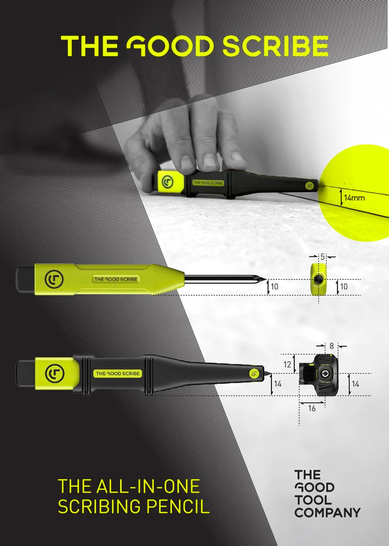 Close-up showing the 5 to 16mm precision offset references and the built-in high-visibility sharpener on The Good Scribe.