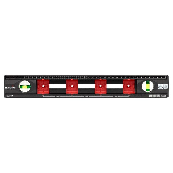 The Hultafors ELV 40 Electrician's Spirit Level, showcasing its unique sliding markers for box installation.