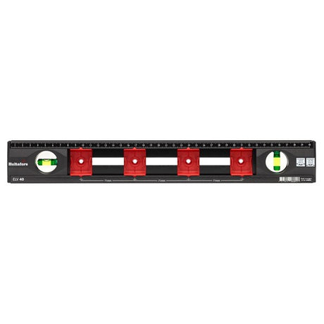 The Hultafors ELV 40 Electrician's Spirit Level, showcasing its unique sliding markers for box installation.