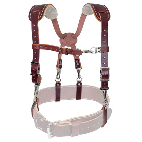 The leather loop attachment system of the Occidental Work Suspenders, designed to slide onto a tool belt.