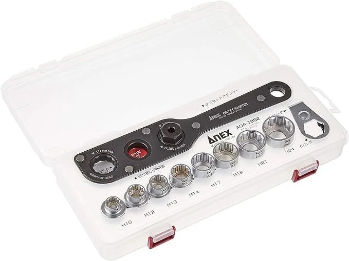 The Anex AOA-19S2 Offset Adaptor Socket Set (12 Piece) in its durable polycarbonate carry case.