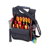 The external features of the Hultafors pouch, including the tape measure clip, tape strap, and hammer holder.