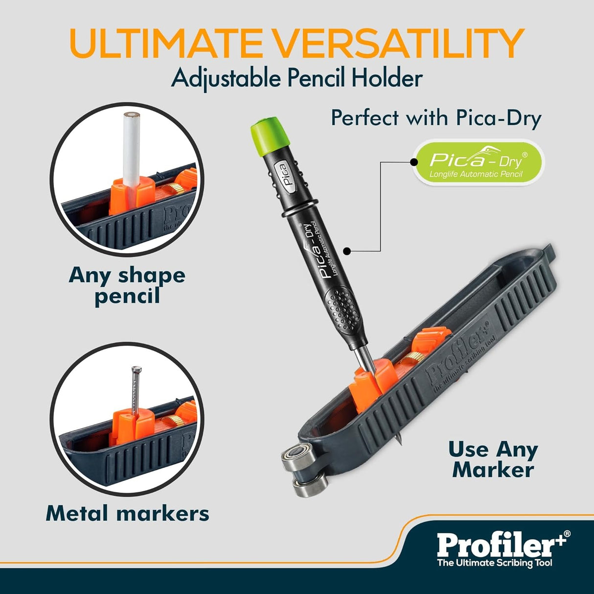Close-up of the Pica-Dry 3030 Pencil inserted into the Profiler+ tool holder for accurate marking.