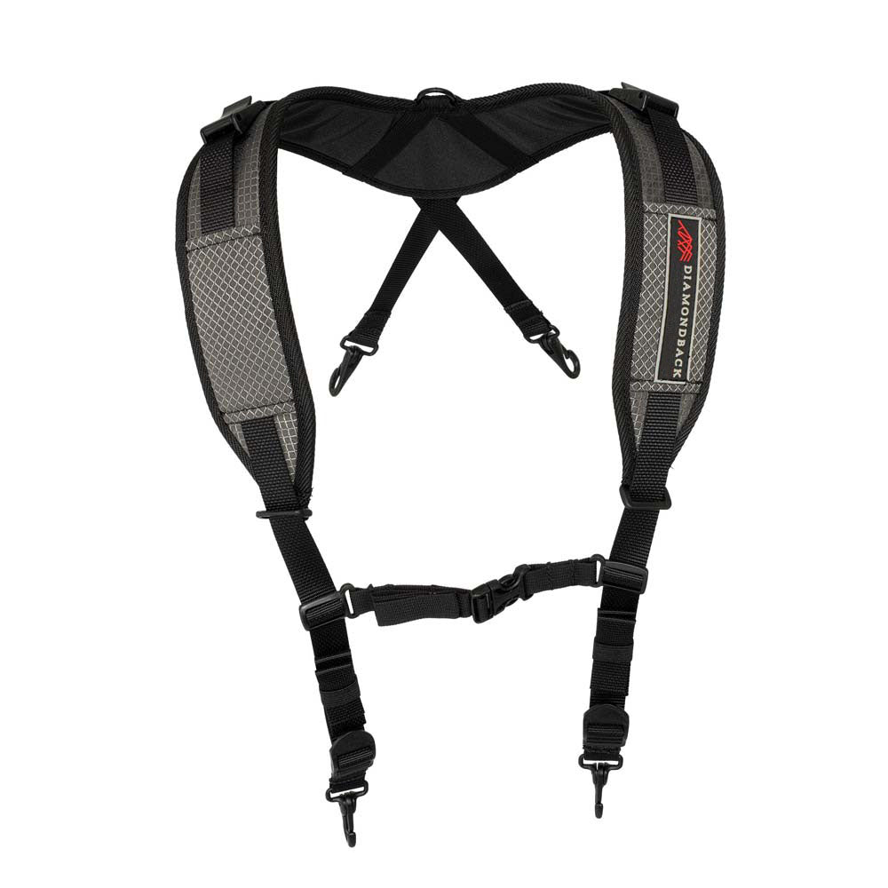 Diamondback Deluxe Suspenders with padded yolk, D-ring for hanging, and adjustable chest strap, designed for Diamondback 4"-6" and Cavetto belts.
