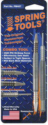 This PM407 tool set includes Nail Set Tool - 1/32" (#1) & 1/16" (#2) - 32R12-1 and Hammerless door pin removal tool - 48R24-1. 3500lbs of impact striking force at your finger tips!