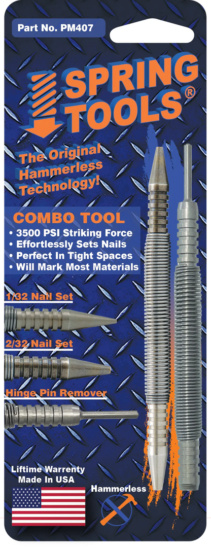 This PM407 tool set includes Nail Set Tool - 1/32" (#1) & 1/16" (#2) - 32R12-1 and Hammerless door pin removal tool - 48R24-1. 3500lbs of impact striking force at your finger tips!