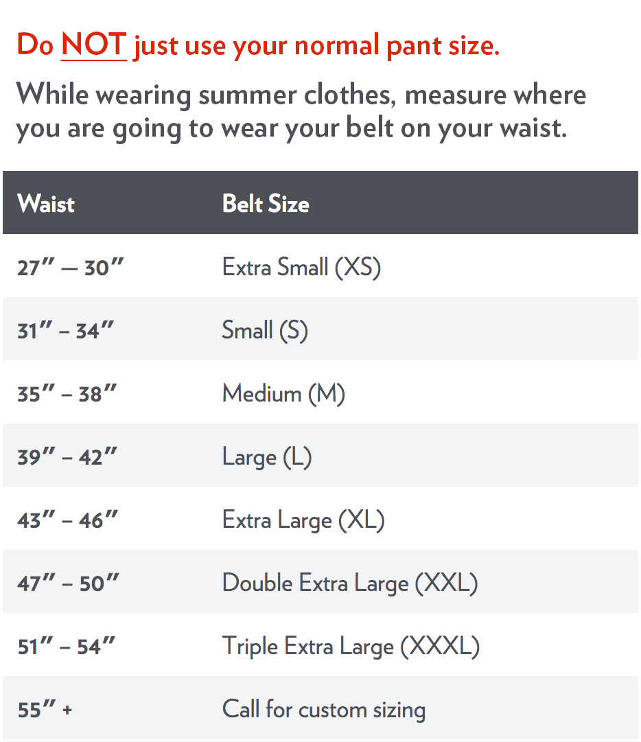 Diamondback Toolbelt sizing guide 